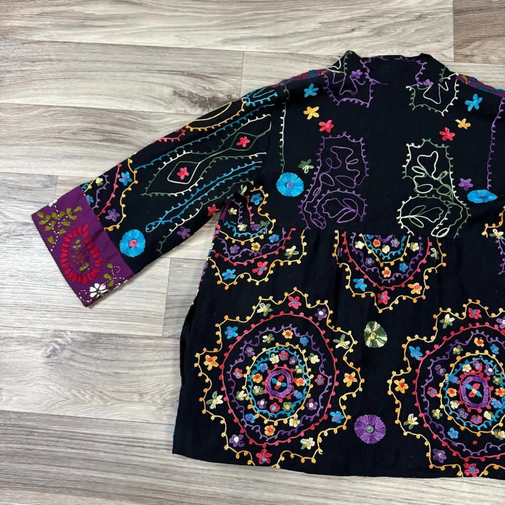 Anu Floral Embroidered Wool Blend Open Front Cardigan Jacket Size Small